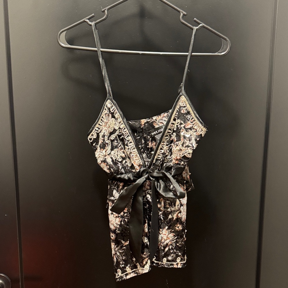 Floral Beaded & Lace Black Satin top